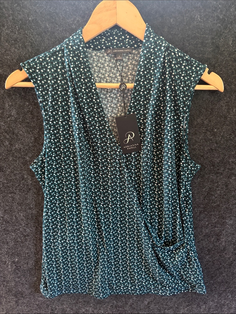 Adrianna Papell Teal Dotted Faux-Wrap Sleeveless Top